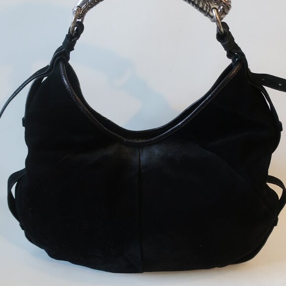 Authentic YSL Yves Saint Laurent Black Suede Mombasa Silver Horn Hobo Handbag - Picture 3 of 16